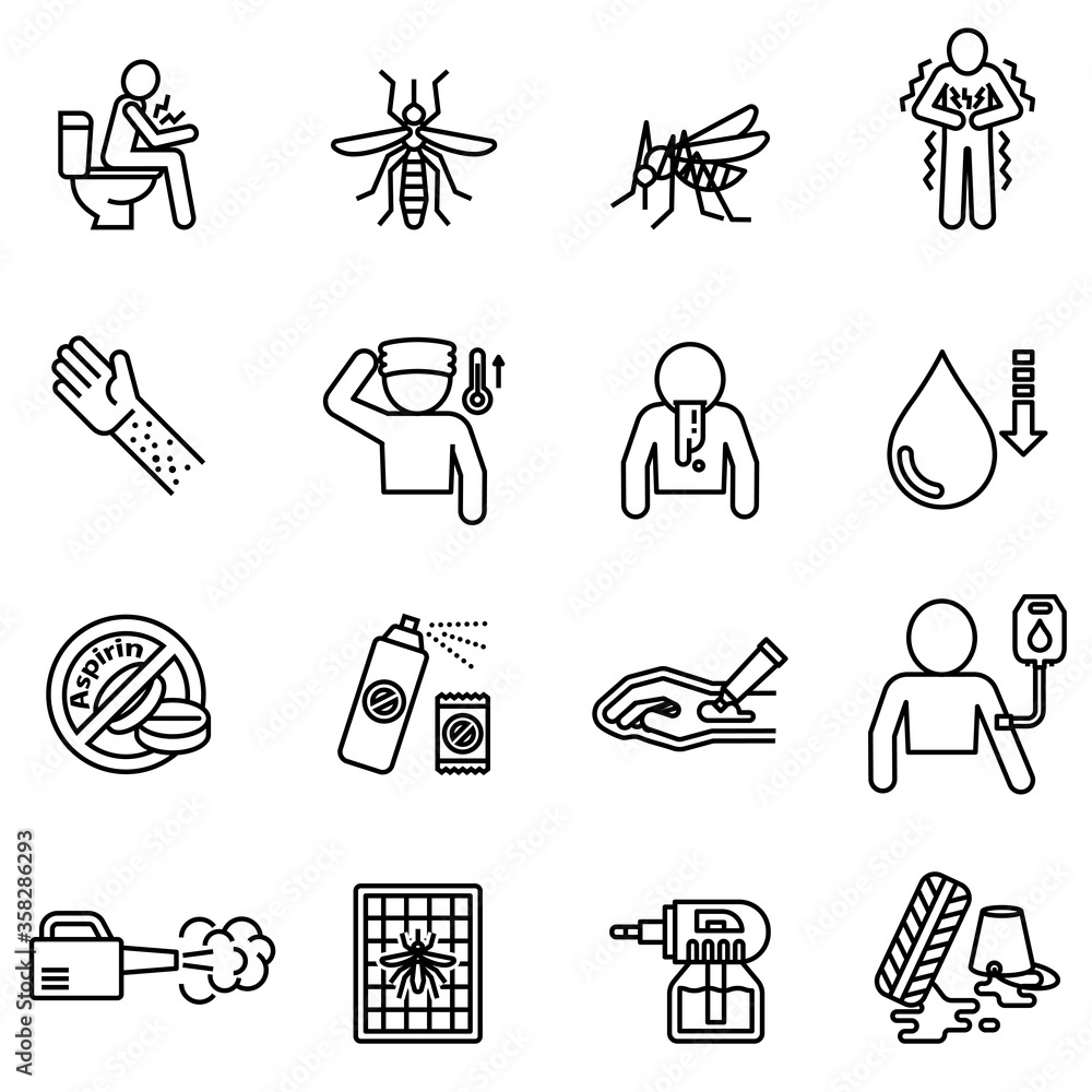 Dengue fever and symptoms with prevention icon set. Thin Line Style stock. Dengue fever and symptoms with prevention icon set. Thin Line Style stock.
