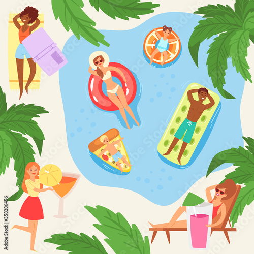People in cartoon style on mattresses, hot summer, outdoor recreation, happy vacationers beach, design, flat vector illustration. Joyful men, happy women vacation at sea, funny children rubber ring.