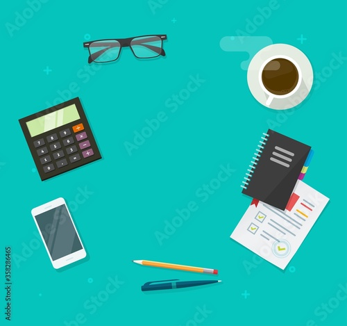 Workplace desk table top view for copy space with coffee cup, mobile phone and calculator, notepad and pens vector flat lay cartoon, idea of education or learning working place, audit accounting