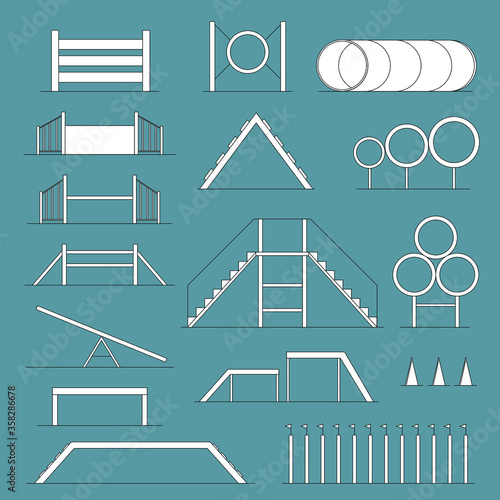 Vector big set of flat line icons, agility sport equipment and items for dog training, isolated on blue background