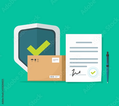 Freight cargo delivery and package transportation protection coverage guaranty care agreement or shipping insurance contract vector flat cartoon, logistics courier service guard shield concept design