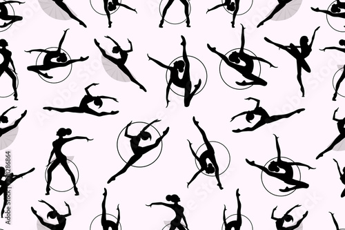 Fototapeta Naklejka Na Ścianę i Meble -  Pattern of girl rhythmic gymnastics with hoops and  ballet dancers vector illustration. Women Acrobatic Gymnastics, flat.