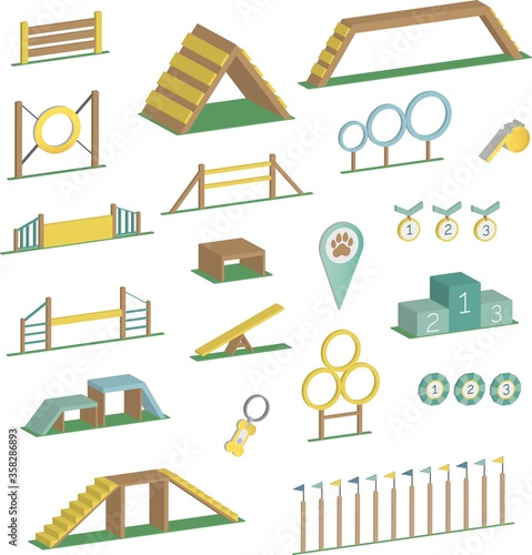 Vector big set of colorful isometric icons, agility sport equipment and items for dog training, isolated on white background