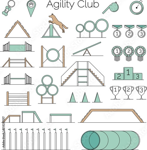 Vector big set of colorful flat icons, agility sport equipment and items for dog training, isolated on white background