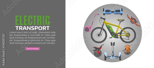 Bright banner, inscription electric transport, modern eco-technology, service ride through city at speed. urban sports webpage. Vehicle mobile, people movement, contemporary lifestyle, environment