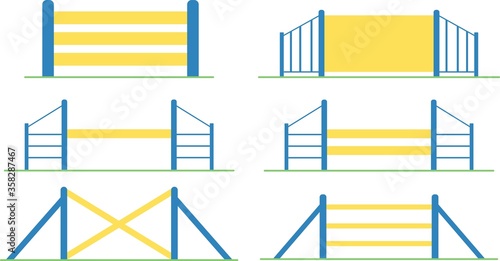 Vector set of colored flat icons, agility sport equipment for dog training, isolated on white background
