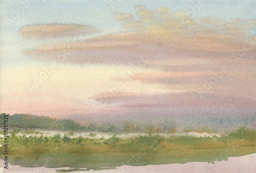 Watercolor landscape of fog over riverside in early pink morning