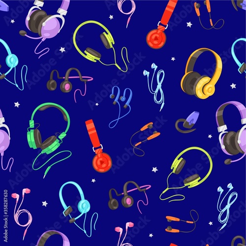 modern seamless pattern with headphone, audio equipment listening to music, new technologies, cartoon style vector illustration. Good volume stereo speakers, DJ entertainment, designer mobile headset.