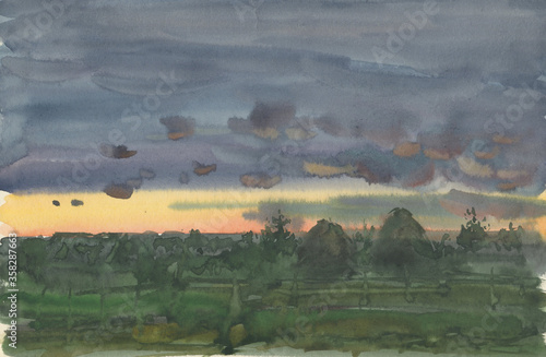 Watercolor landscape of raining clouds over field with haystacks on summer day