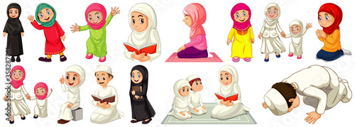 Set of different muslim people cartoon character isolated on white background