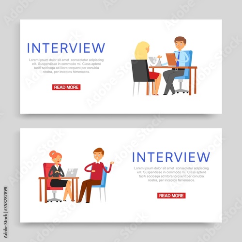 Interview inscription on banner, set business posters, staff office, manager work, design, cartoon style vector illustration. Woman interviews man businessman, employee, candidate holds resume in hand