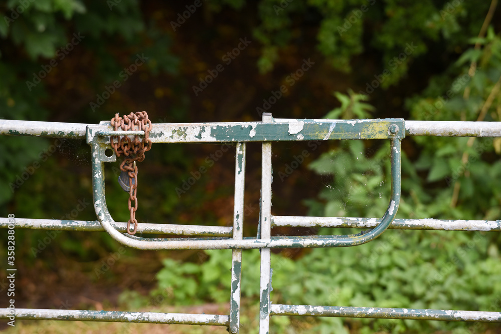 Metal gate closed outside with a padlock and chain Metal gate closed outside with a padlock and chain