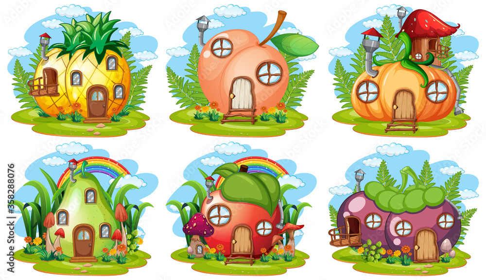Naklejka premium Set of fruit and vegetable fairy house