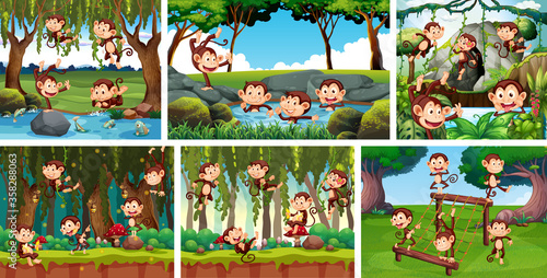 Set of playful monkey in nature background