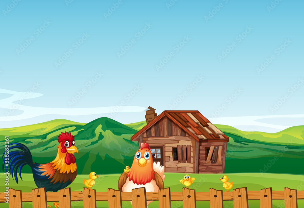 Farm scene in nature with barn and chicken