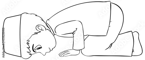 Arab muslim boy in traditional clothing praying sitting position outline
