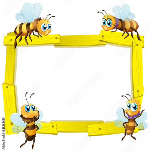 Blank sign template with many bees on white background