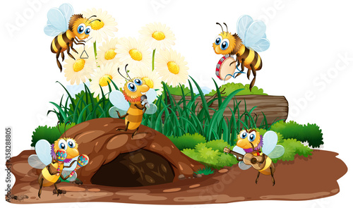 Fototapeta Naklejka Na Ścianę i Meble -  Scene with bees flying in the garden