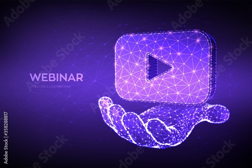 Webinar. Abstract Low Polygonal webinar or video icon in hand. Internet conference. Web based seminar. Distance Learning. E-learning Training business technology symbol. Vector illustration.