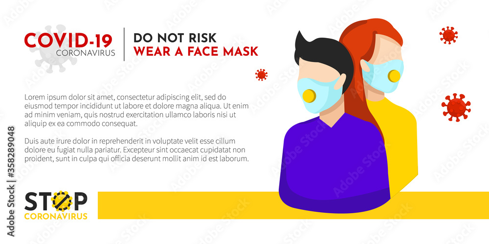 Obraz premium Vector illustration covid-19 with young man and women for medical flyer design. Coronavirus leaflet with health care and pandemic effective protection concept