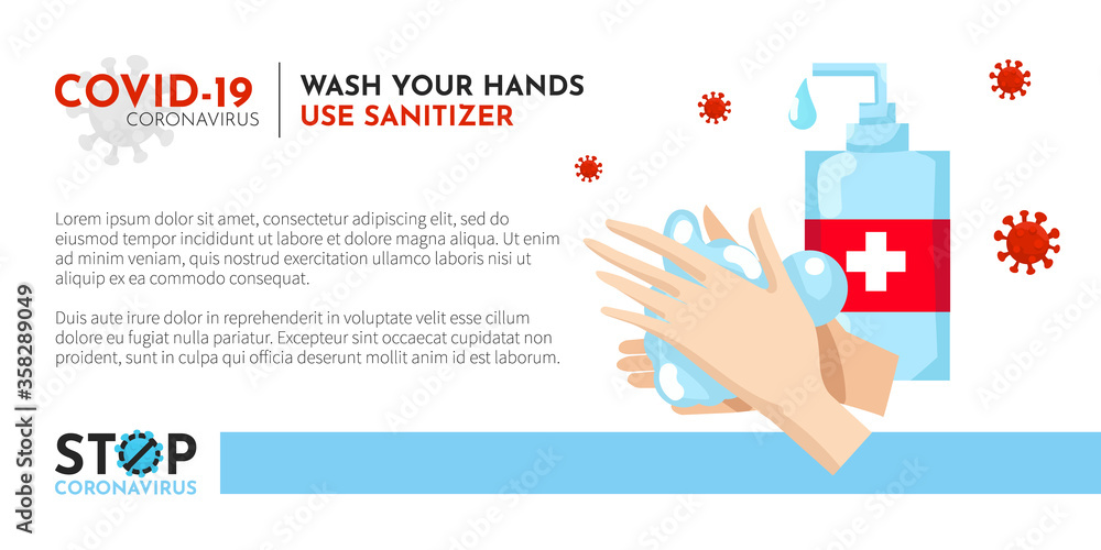 Obraz premium Vector illustration covid-19 with wash hands and using sanitizer concept for medical flyer design. Coronavirus leaflet with health care and pandemic effective protection