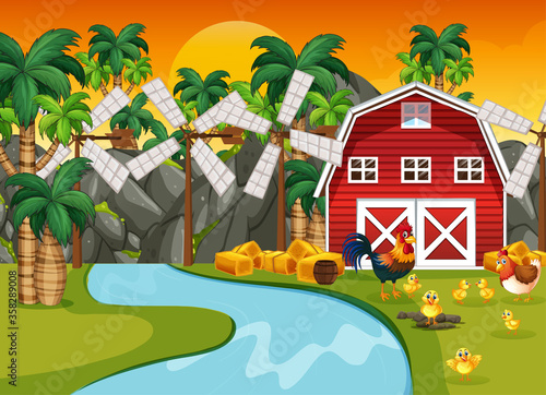 Farm scene in nature with barn and river and chicken