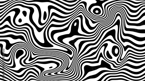 Abstract digital texture background with flowing twisted black and white lines and optical illusions.