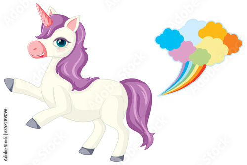Cute purple unicorn in running position on white background