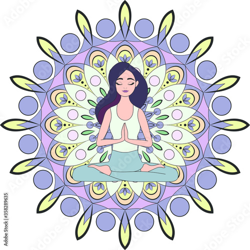 girl is meditating. namaste mandala. girl in lotus position on the background of the mandala