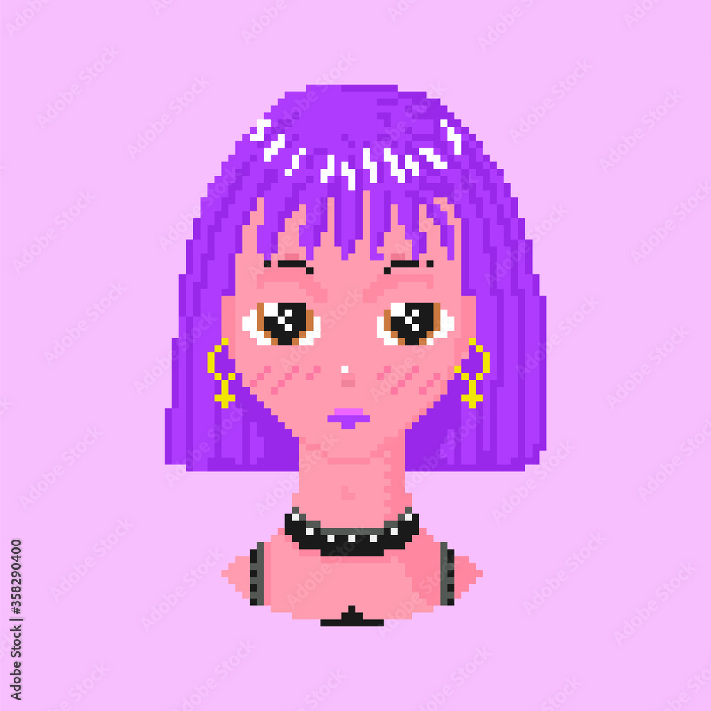 Anime girl. Pixel art 8 bit objects. Fashion Character Avatar. Retro game assets. Dreamy video arcade. Purple hair and Bob cut. Vector illustration.