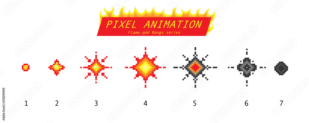Nuclear explosion. Pixel art 8 bit fire objects. Game icons set. Comic boom  flame effects. Bang burst explode flash dynamite with smoke. Digital icons. Animation  Process steps. Stock Vector | Adobe Stock