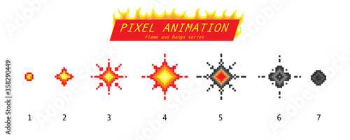 Nuclear explosion. Pixel art 8 bit fire objects. Game icons set. Comic boom flame effects. Bang burst explode flash dynamite with smoke. Digital icons. Animation Process steps.