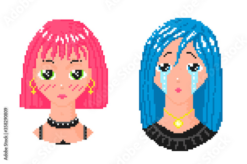 Crying Anime girl. Pixel art 8 bit object. Fashion Character Avatar. Retro game assets. Dreamy video arcade. Vector illustration.