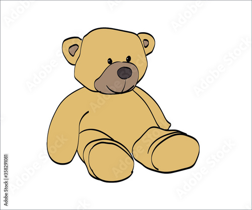 Cute toy teddy bear of toffee colour sitting isolated against white background. Vector illustration. 
