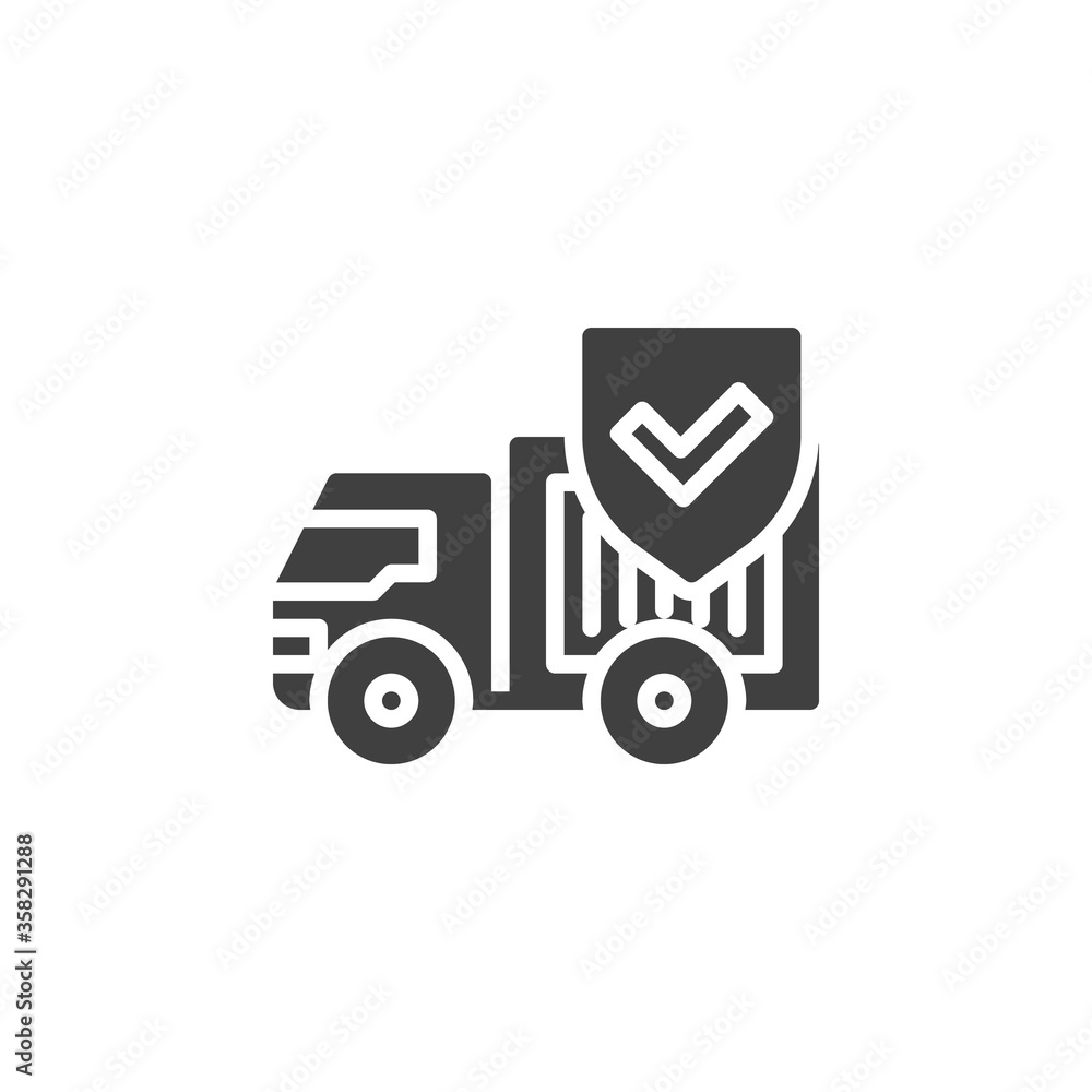 Cargo shipping insurance vector icon. filled flat sign for mobile concept and web design. Delivery truck and protection shield glyph icon. Symbol, logo illustration. Vector graphics