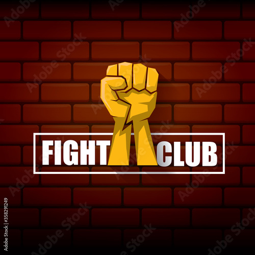 fight club vector logo with orange man fist isolated on brick wall background. MMA Mixed martial arts concept design template