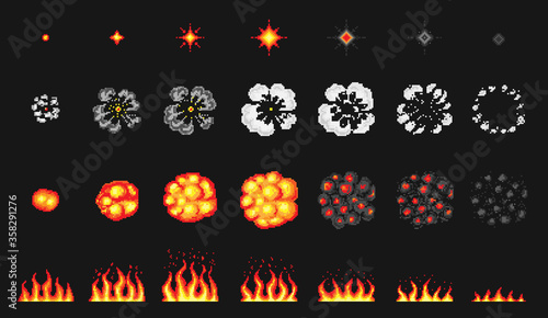 Pixel art 8 bit fire objects. Nuclear explosion. Game icons set. Comic boom flame effects. Bang burst explode flash dynamite with smoke. Digital icons. Animation Process steps.