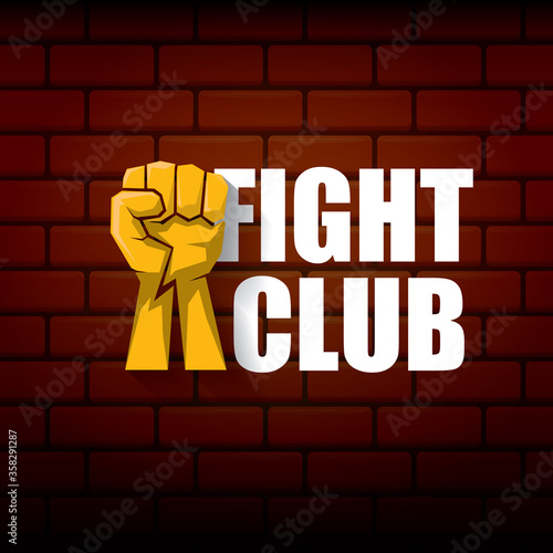 fight club vector logo with orange man fist isolated on brick wall background. MMA Mixed martial arts concept design template