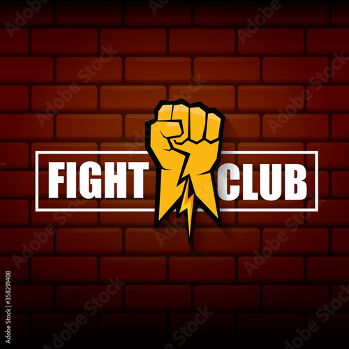 fight club vector logo with orange man fist isolated on brick wall background. MMA Mixed martial arts concept design template