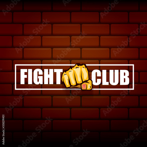 fight club vector logo with orange man fist isolated on brick wall background. MMA Mixed martial arts concept design template
