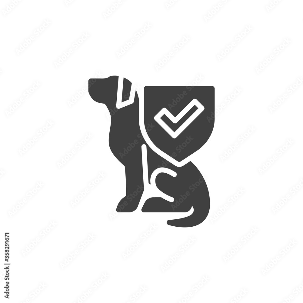 Pet Insurance vector icon. filled flat sign for mobile concept and web design. Dog and protection shield glyph icon. Symbol, logo illustration. Vector graphics