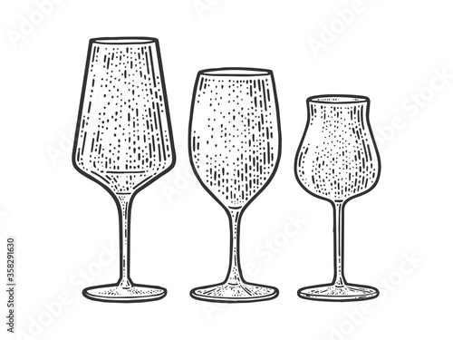 wine glasses set sketch engraving vector illustration. T-shirt apparel print design. Scratch board imitation. Black and white hand drawn image.