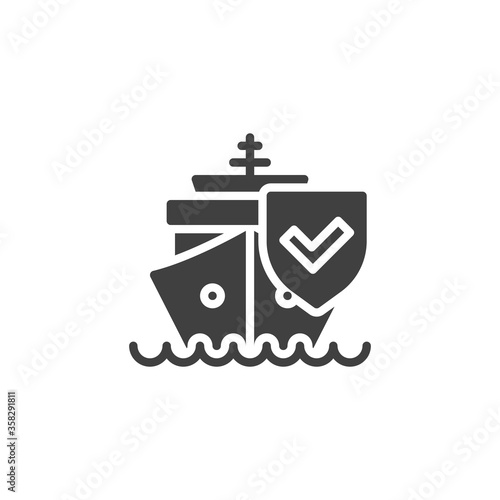 Cargo shipping insurance vector icon. filled flat sign for mobile concept and web design. Ship and protection shield glyph icon. Symbol, logo illustration. Vector graphics