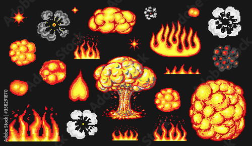 Nuclear explosion. Pixel art 8 bit fire objects. Mushroom cloud. Game icons set. Comic boom flame. Bang burst explode dynamite with smoke. Lit match and bonfire. Digital icons. Animation Process steps