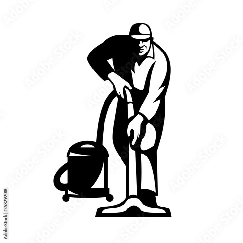 Cleaner Janitor Vacuuming Cleaning With Vacuum Cleaner Retro Black and White