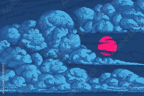 Pixel art clouds. 8 bit objects. Blue magic sky and Japanese sun background. Retro game assets. Dreamy video arcade. Vector illustration.