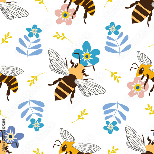 Vector honey bee and Forget-me-not flower seamless pattern background. Flying insect and floral blue white backdrop. Folk country millefleur design. Modern all over print for garden and nature concept