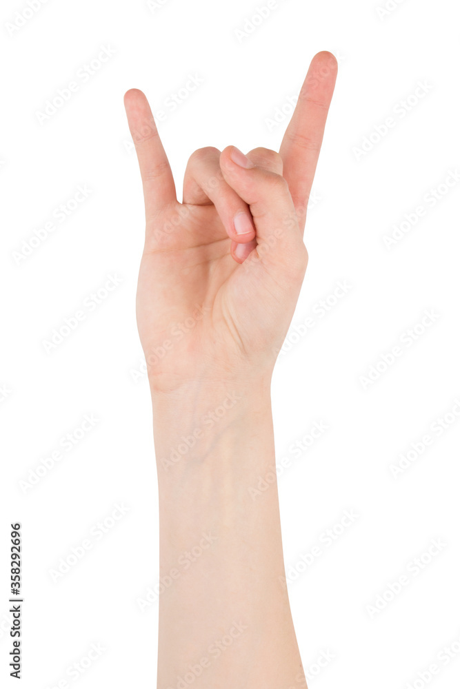 Hand gesture - Rock sign, isolated on a white background. female palms indicate something, blank for your design. Hand gesture - Rock sign, isolated on a white background. female palms indicate something, blank for your design.