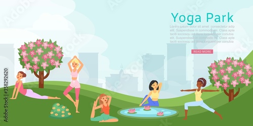 Lettering yoga park, banner ad, female fitness training, health people activities, design, cartoon style vector illustration. Outdoor recreation healthy lifestyle, gymnastics physical active exercises