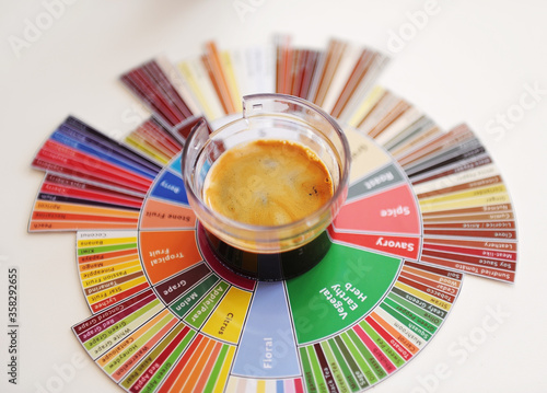 Espresso coffee shot on taster's flavor wheel top view. White background